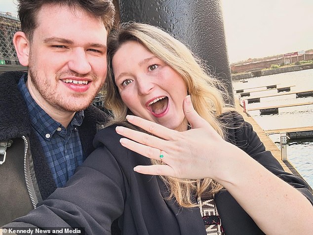 It was only after a visit to her GP, who referred her to hospital thinking it was appendicitis, that tests revealed she had two ovarian tumours measuring 12cm and 8cm, about the size of grapefruits. Pictured: Alex with fiancé James Ingleby-Jones