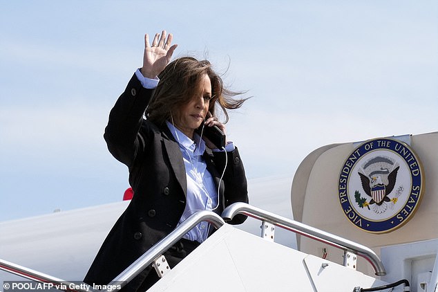 Harris came under fire last week for wearing earplugs as hordes of reporters tried to question her as she boarded her flight leaving Joint Base Andrews in Maryland to campaign in the Midwest (pictured)