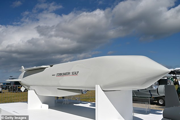 A Storm Shadow missile is displayed in the MBDA exhibition hall during the Farnborough International Airshow 2024 at the Farnborough International Exhibition and Conference Centre on 22 July 2024