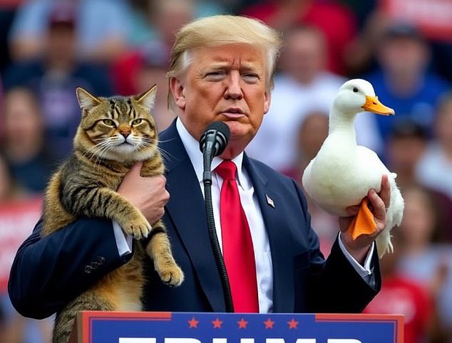 Another AI-generated image shows Trump holding a cat and a duck at a campaign rally