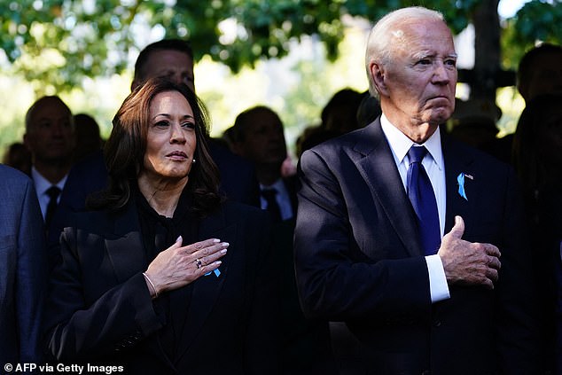 Kamala Harris and Joe Biden attend a remembrance ceremony on the 23rd anniversary of the September 11 terrorist attack on the World Trade Center at Ground Zero in New York City on September 11, 2024