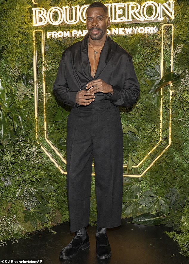 Zola star Colman Domingo hinted at his muscular chest in a semi-open silk top, paired with matching pants and shoes