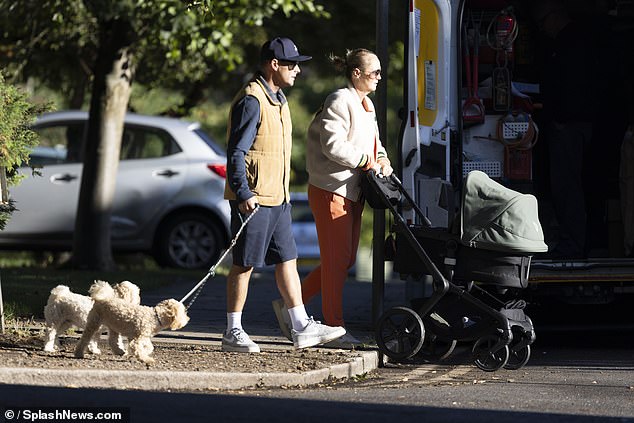 The ITV star appeared in a long-sleeved jumper and matching navy shorts, which he paired with a beige gilet