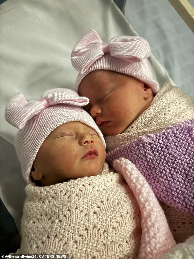 Pictured: Saffron and Lewey's non-identical twin daughters, now four months old