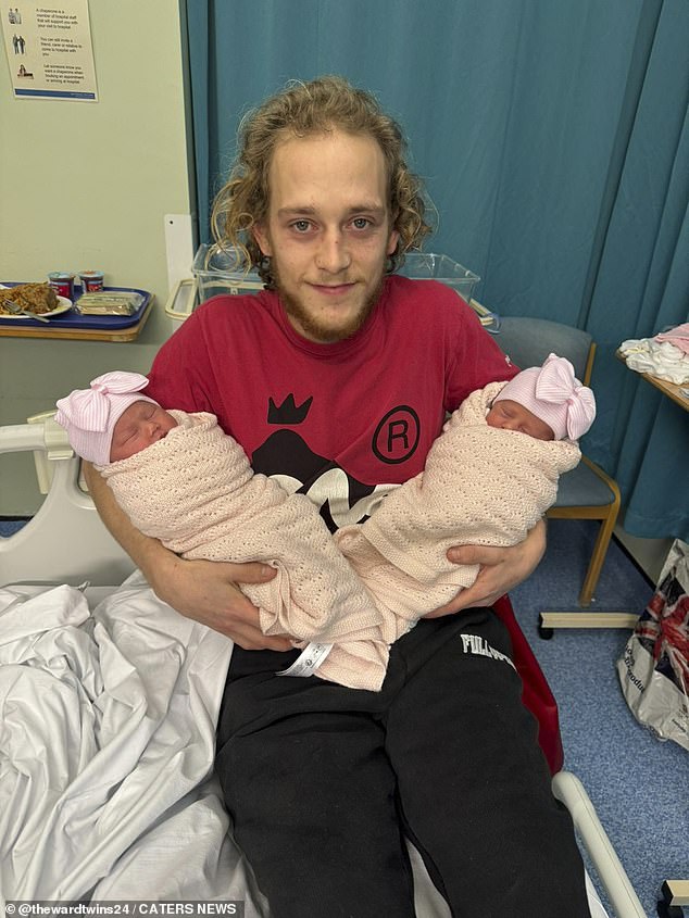 Pictured: Saffron and Azayla with their father Lewey in the hospital shortly after the birth