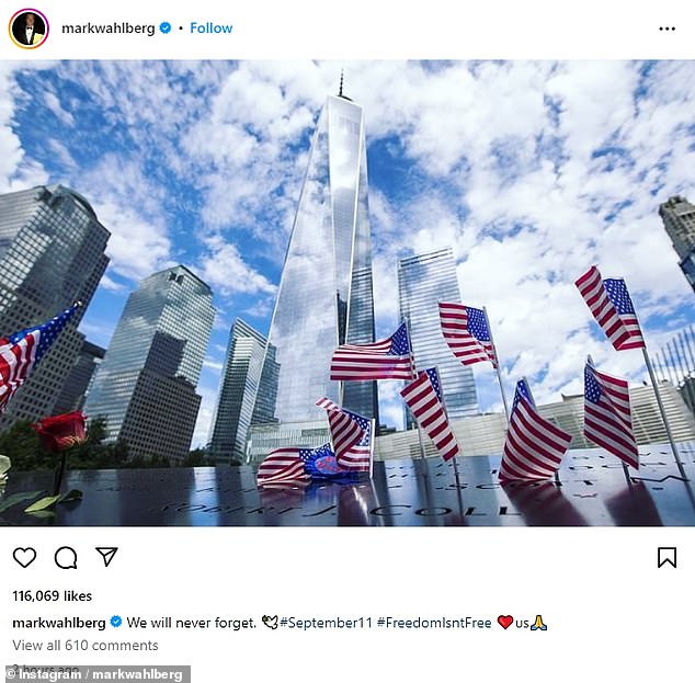 Mark Wahlberg shared an image of the 9/11 memorial and wrote: 'We will never forget'