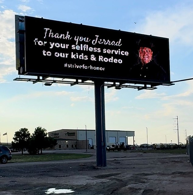 A billboard in Lubbock now features his image with the text: 'Thanks Jerrad'