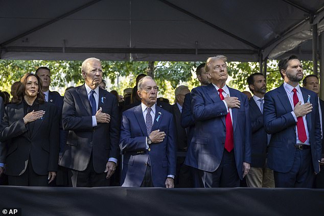 Kamala Harris and Donald Trump were together again in New York on Wednesday for the 9/11 attacks; from left to right: Kamala Harris, Joe Biden, Michael Bloomberg, Donald Trump, JD Vance