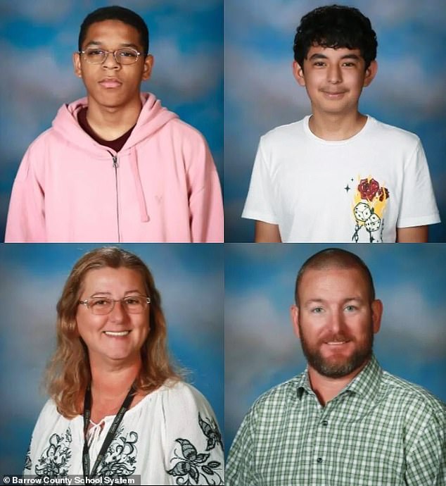 Students Mason Schermerhorn, 14 (top left), Christian Angulo, 14 (top right), and teachers Richard Aspinwall (bottom right) and Christina Irimie (bottom left) were killed in the shooting