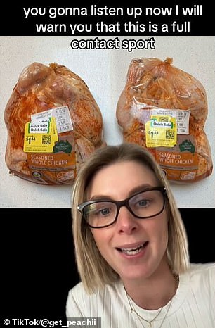 On this occasion she scored two 2kg chickens for $1.43 and $1.34