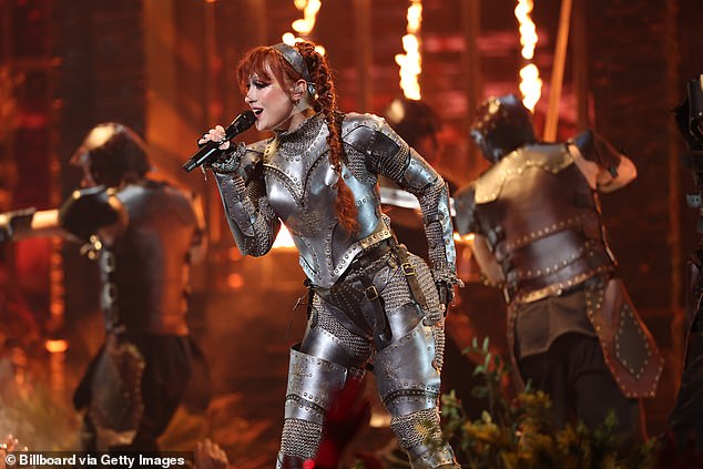 She performed her world hit Good Luck Babe on stage, a performance in which she briefly dueled with various knights in armor