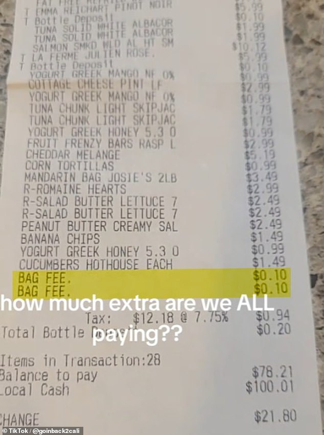 The TikToker suggests that the bag fee, which is the very last item that appears on her receipt, is a deliberate way for Trader Joe's to steal extra money from their customers.