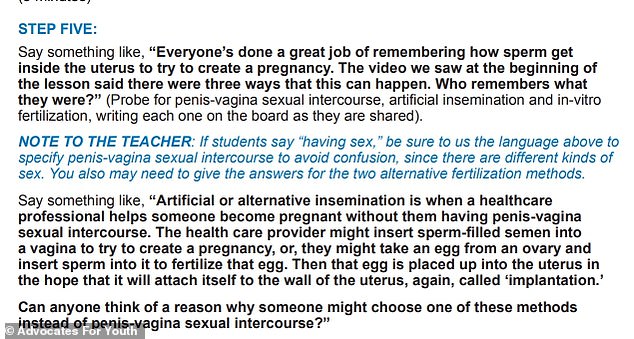 The AMAZE website includes teaching materials for grade 5 that emphasize teaching students that only penis-vagina sex can lead to pregnancy, and exploring the reasons why couples consider IVF procedures