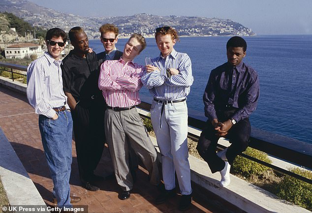 Mick (second from right) with Simply Red at the San Remo Pop Festival in San Remo, Italy on February 8, 1987