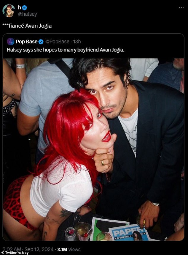 After seeing a social media post that named Jogia as her boyfriend, the Without Me hitmaker corrected the statement by commenting: '***fiancé Avan Jogia'