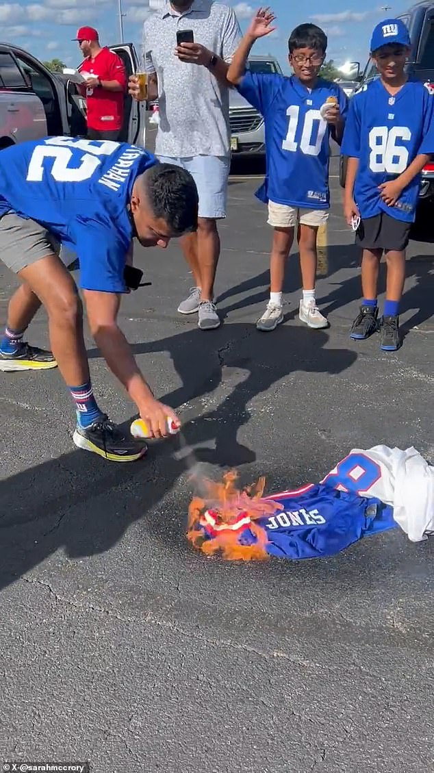 Giants fans were seen setting Jones' jersey on fire after his poor performance against Minnesota