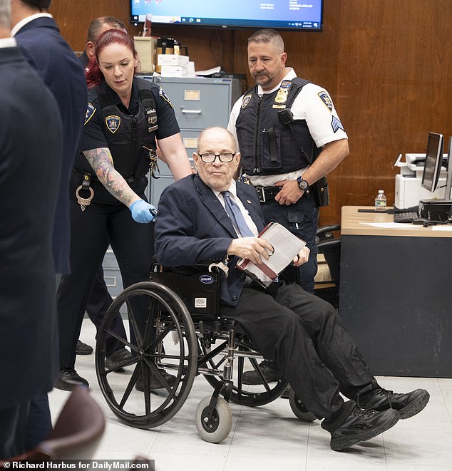 The disgraced movie mogul, 72, pictured during his final court appearance on August 19, 2024, where he appeared frail in a wheelchair