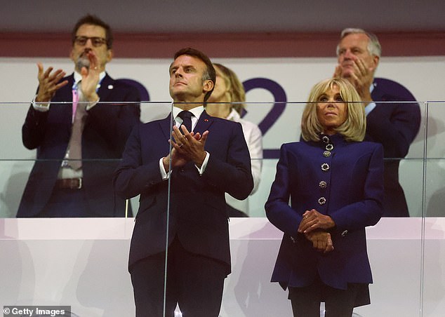 Emmanuel Macron, President of France, and Brigitte Macron enjoy the show during the closing ceremony on day eleven of the 2024 Summer Paralympics in Paris at Stade de France on September 8, 2024