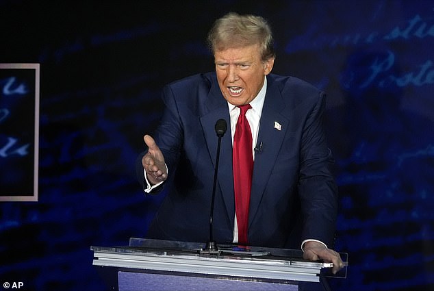 Republican presidential candidate former President Donald Trump speaks during a presidential debate