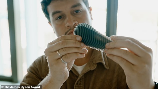 The strange device, called the Pyri, has no moving parts, is made mainly of wax and charcoal and is designed to be dropped from a helicopter. Pictured is co-inventor Richard Alexandre