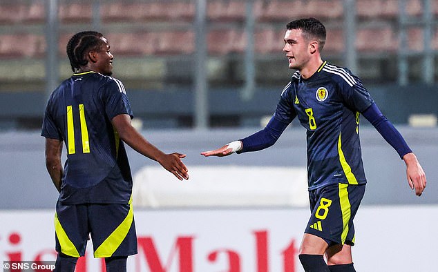 Miller is congratulated after scoring his first international goal for the Under-21s this week