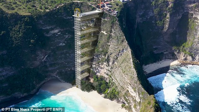 However, the pristine beauty of Kelingking Beach is set to change with the construction of a 182-metre-long glass elevator and viewing platform along the sheer cliff face (pictured: an artist's rendering)