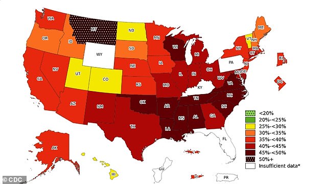 This chart from the CDC shows obesity rates for non-Hispanic black Americans, the group at highest risk for obesity