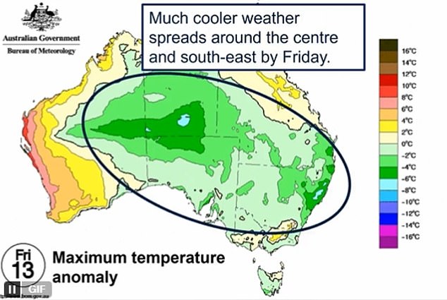 The sudden cold snap will be felt mainly in central and southeastern Australia on Friday