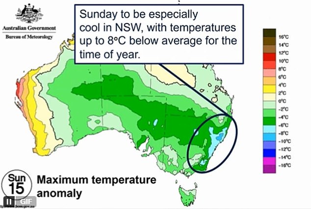 Southern coastal areas of New South Wales could be up to eight degrees colder than average on Sunday