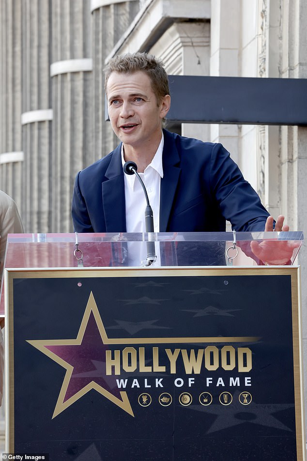 Christensen looked worlds away from his role as Anakin Skywalker as he attended the ceremony in a stylish black suit and white shirt