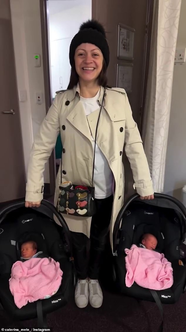 Caterina beamed when she came home from the hospital with her daughters