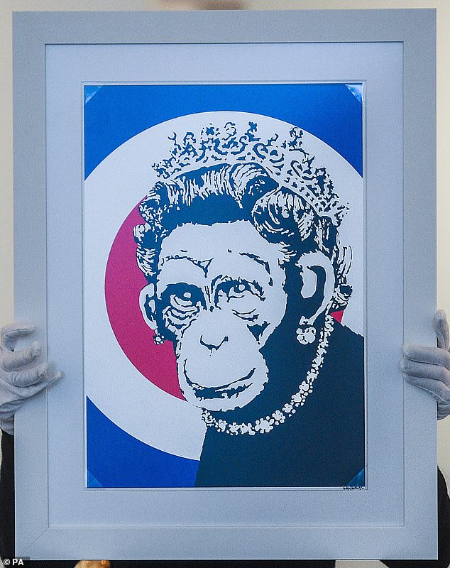 Girl with Balloon appeared alongside other notable Banksy works, including Monkey Queen (print shown)