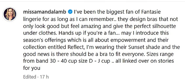 She wrote enthusiastically in the caption: 'I have been a huge fan of Fantasie lingerie for as long as I can remember. They design bras that not only look good, but also fit great and give the perfect silhouette under clothing.'