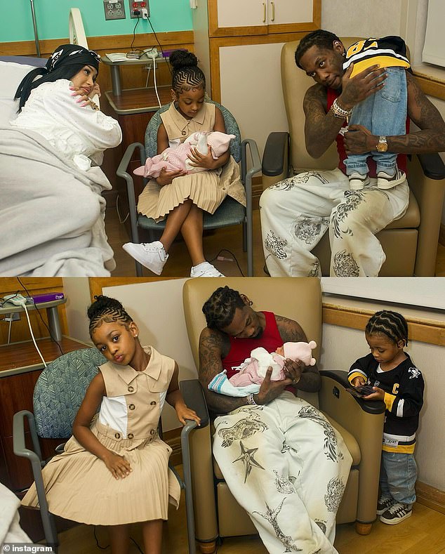 The star was reunited with Offset, 32, in the delivery room, as she shared a snap of the family doting over the new baby - whose name has not yet been released - seen with daughter Kulture, six, and son Wave, three.