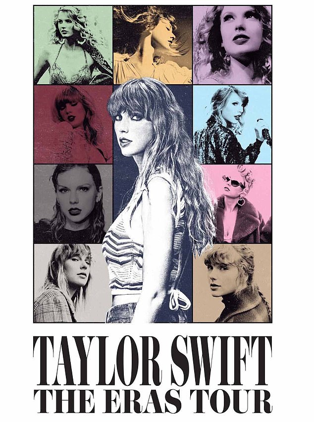 Swift's Era tour poster featured a collection of colorful images with a striking image of her at the center