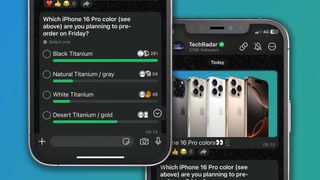 Two iPhones on a green and blue background with the results of the WhatsApp poll