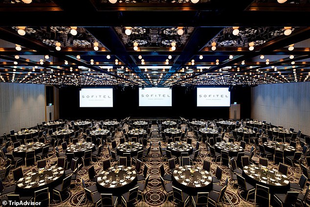 The guest list in the ballroom of the Sofitel Sydney Wentworth (pictured) was for 650 people, but only 575 turned up, leaving the RBA paying more than $8,000 to cover the no-shows