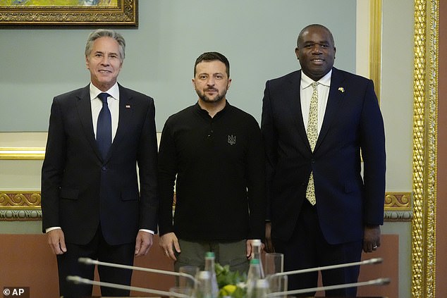 US Secretary of State Antony Blinken (left) and British Foreign Secretary David Lammy (right) meet with Ukrainian President Volodymyr Zelenskyy at the Mariinsky Palace in Kyiv