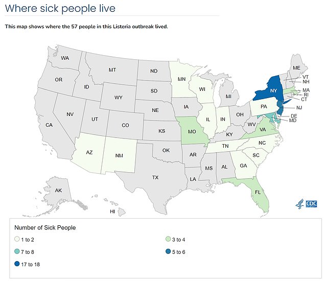 The map above shows the states where illnesses linked to the listeria outbreak in processed meats have been reported