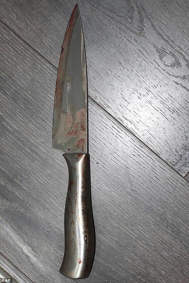 The freshman was arrested Sunday after calling 911 and claiming Catherine fell on a knife while she was eating lunch with him while holding the weapon, pictured. Police said the depth of the wound indicated homicide, not an accident.