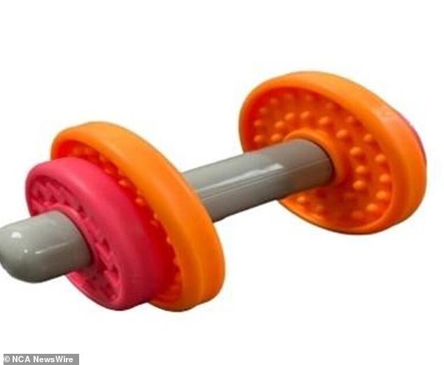 Product Safety Australia has recalled the Fisher-Price Baby Biceps Gift Set specifically due to choking hazard caused by the dumbbell toy (pictured)