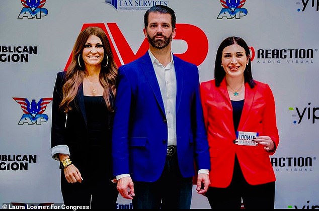 Loomer, pictured with Donald Trump Jr. and his fiancée Kimberly Guifoyle, is gaining popularity in Trump's inner circle, much to the chagrin of his advisers