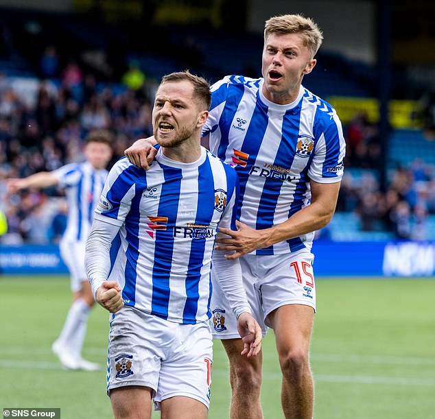 Kilmarnock's Bruce Anderson (left) and Fraser Murray celebrate their final match against Hibernian