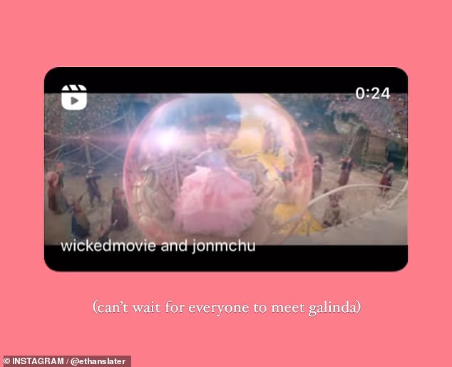 Ethan showed his support for his girlfriend on Friday by sharing a new Wicked trailer on social media that spotlights Ariana's portrayal of Glinda