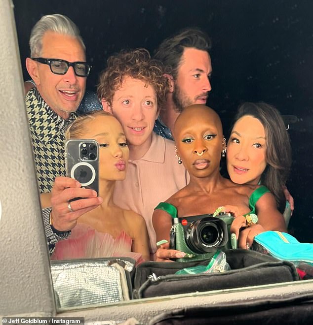 Ariana and Ethan pictured with Wicked cast members Jeff Goldblum, Jonathan Bailey, Cynthia Erivo and Michelle Yeoh