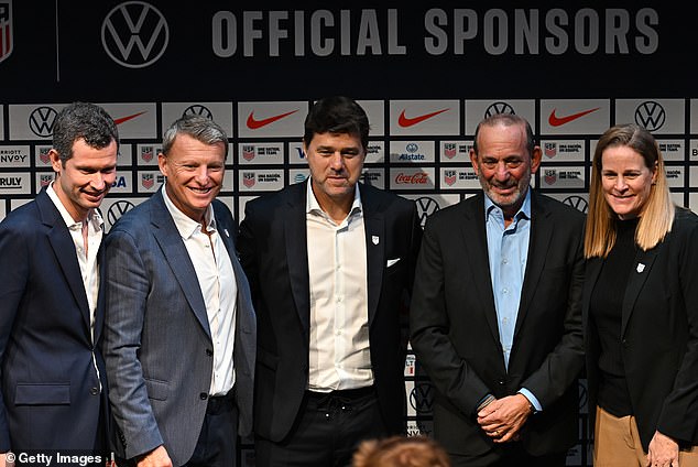 From left to right: US Soccer CEO JT Batson, athletic director Matt Crocker, coach Mauricio Pochettino, MLS commissioner Don Garber and president Cindy Parlow Cone at a press conference