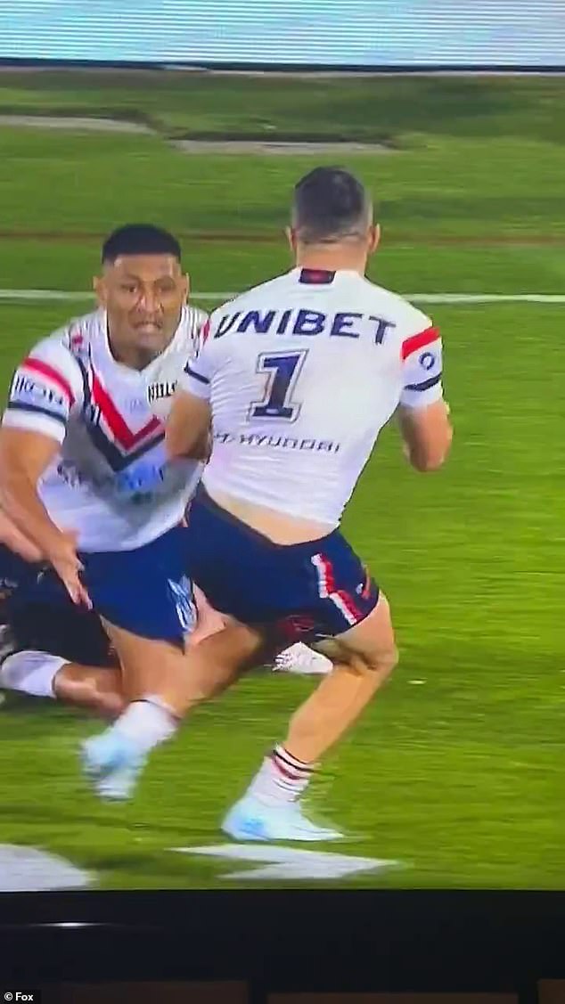 The referee disallowed this pass from Daniel Tupou to James Tedesco, who was in an attacking move