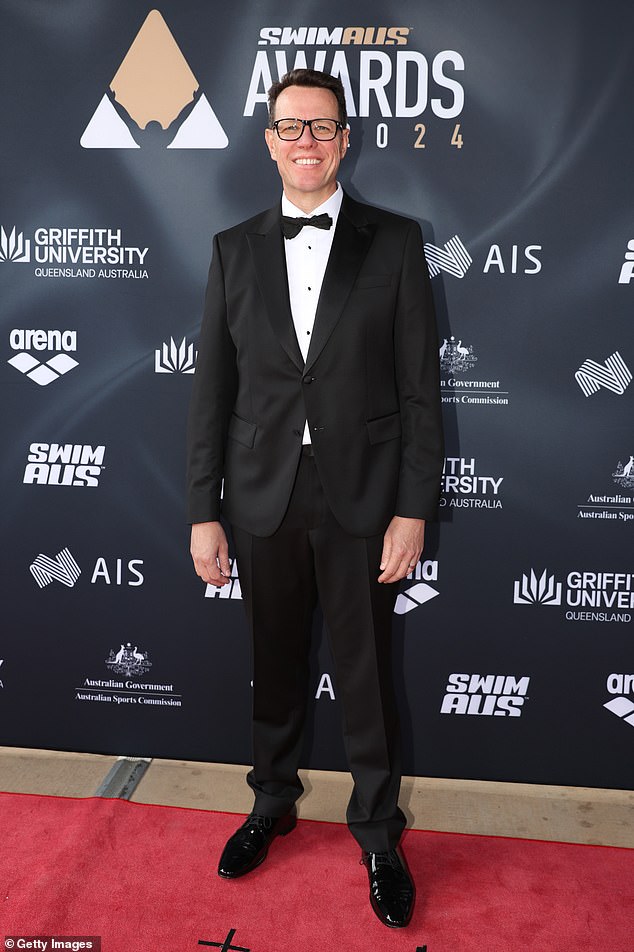 Veteran swimmer Kieren Perkins, 51, was also in attendance, looking dashing in a black designer tuxedo, teamed with a crisp white T-shirt and black shoes.