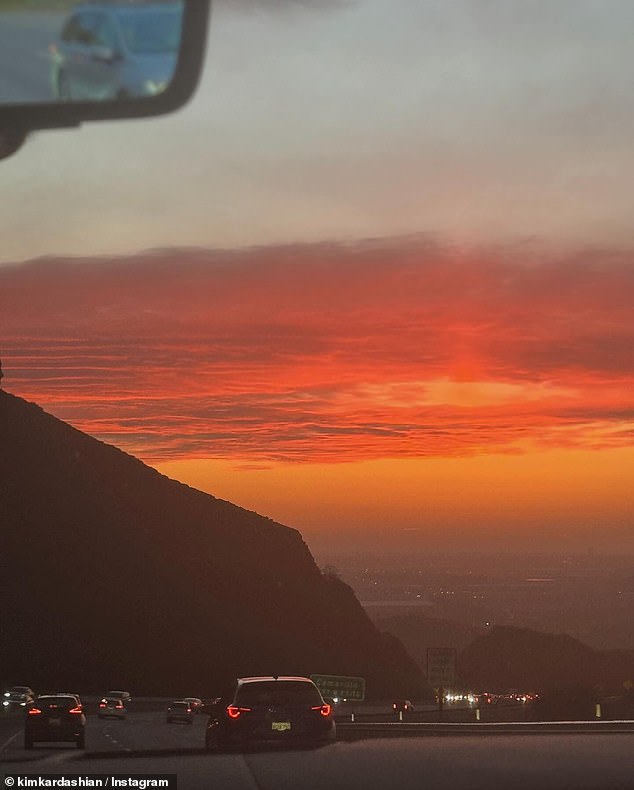 Kim also showed off her photography skills, adding a shot of the Conejo Grade during the golden hour as she arrived in Camarillo, California