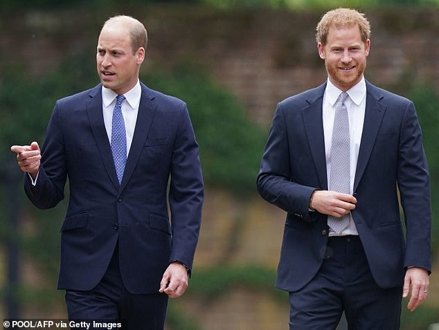 Prince William and Prince Harry arrive at the unveiling of a statue of their mother, Princess Diana, in The Sunken Garden at Kensington Palace, London on July 1, 2021